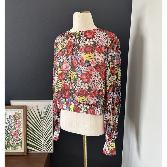 Boden Blouson Sleeve Floral Print Moire Bloom Cropped Top Open Back - Picture 5 of 13
